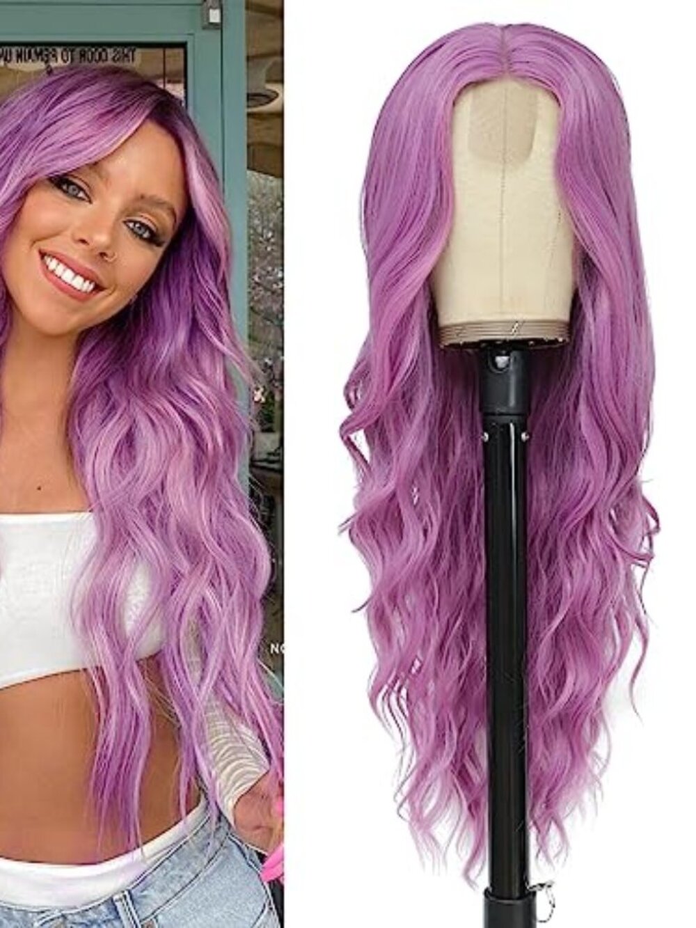 Long Purple Wavy Wig for Women 26 Inch Middle Part Curly Wavy Wig Natural